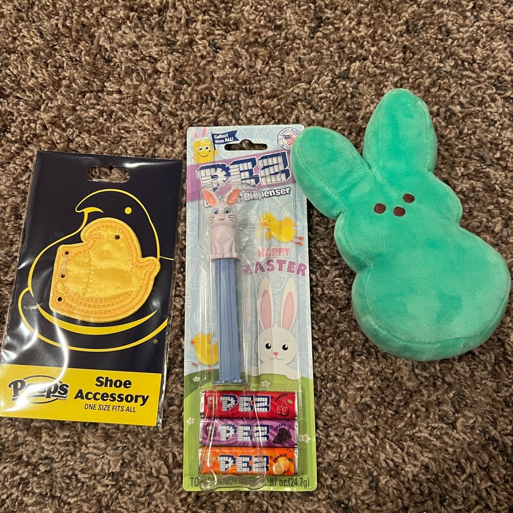 Peeps Stuffed Bunny, new Peeps Shoe Tie Ons & new Pez Candy Holder & Dispenser